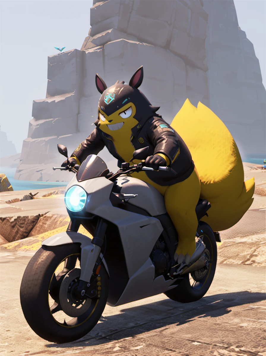 palworld-grizzbolt, pokemon, <lora:palworld_grizzbolt_xl_v1-000019:0.85>, furry male, yellow skin, (pot belly:1.2), face an audience, lighting tatto,
(riding motorcycle:1.5), solo, ground vehicle, motor vehicle, gloves, jacket, looking at viewer, reflected light, (helmet), black jacket, long sleeves, (wedgie:1.3), outdoors, cropped jacket, (ultra detailed perfect piece:1.2), illustration, masterpiece, (extremely detailed CG 8k), (very fine 8K CG), cyberpunk style, cyberpunk, city