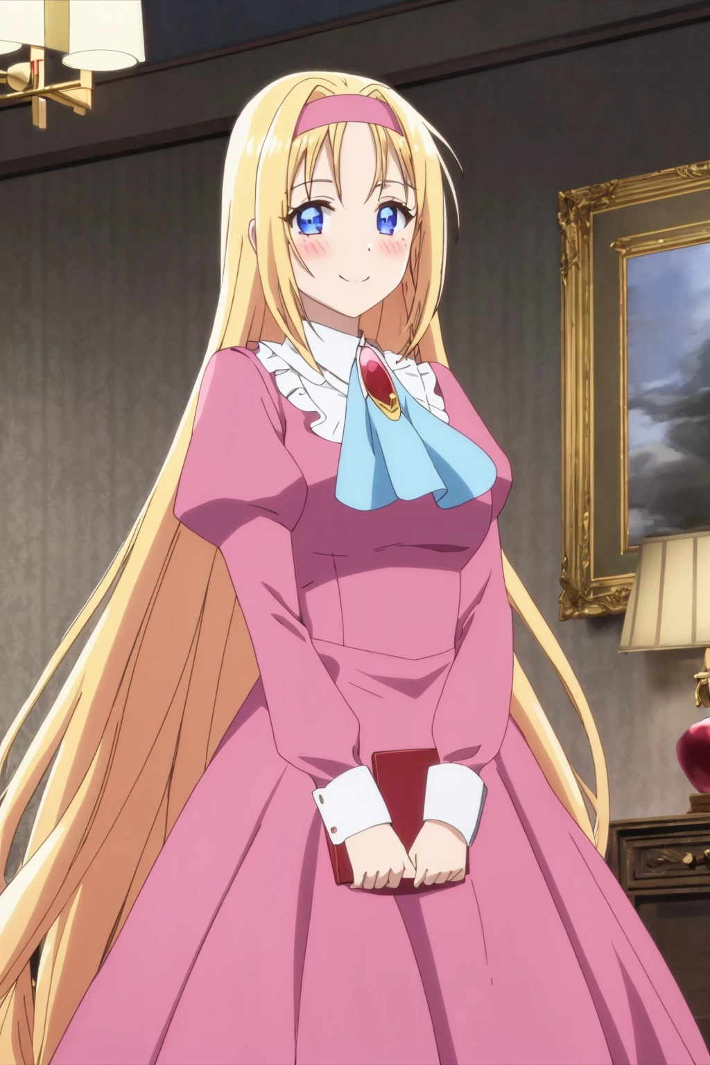 sysdeep_drelise 1girl, solo, long_hair, breasts, looking_at_viewer, blush, smile, blue_eyes, blonde_hair, long_sleeves, dress, jewelry, very_long_hair, closed_mouth, standing, hairband, puffy_sleeves, indoors, ascot, juliet_sleeves, brooch, gem, pink_dress, red_hairband, lamp, picture_frame, blue_ascot