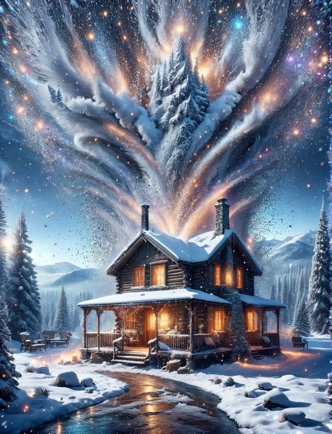 A ais-glttrbmb quaint cabin, ensconced in a blanket of snow, with delicate smoke spirals ascending from its stone chimney, nestled in a serene winter wonderland <lora:ais-glttrbmb-sdxl:1>