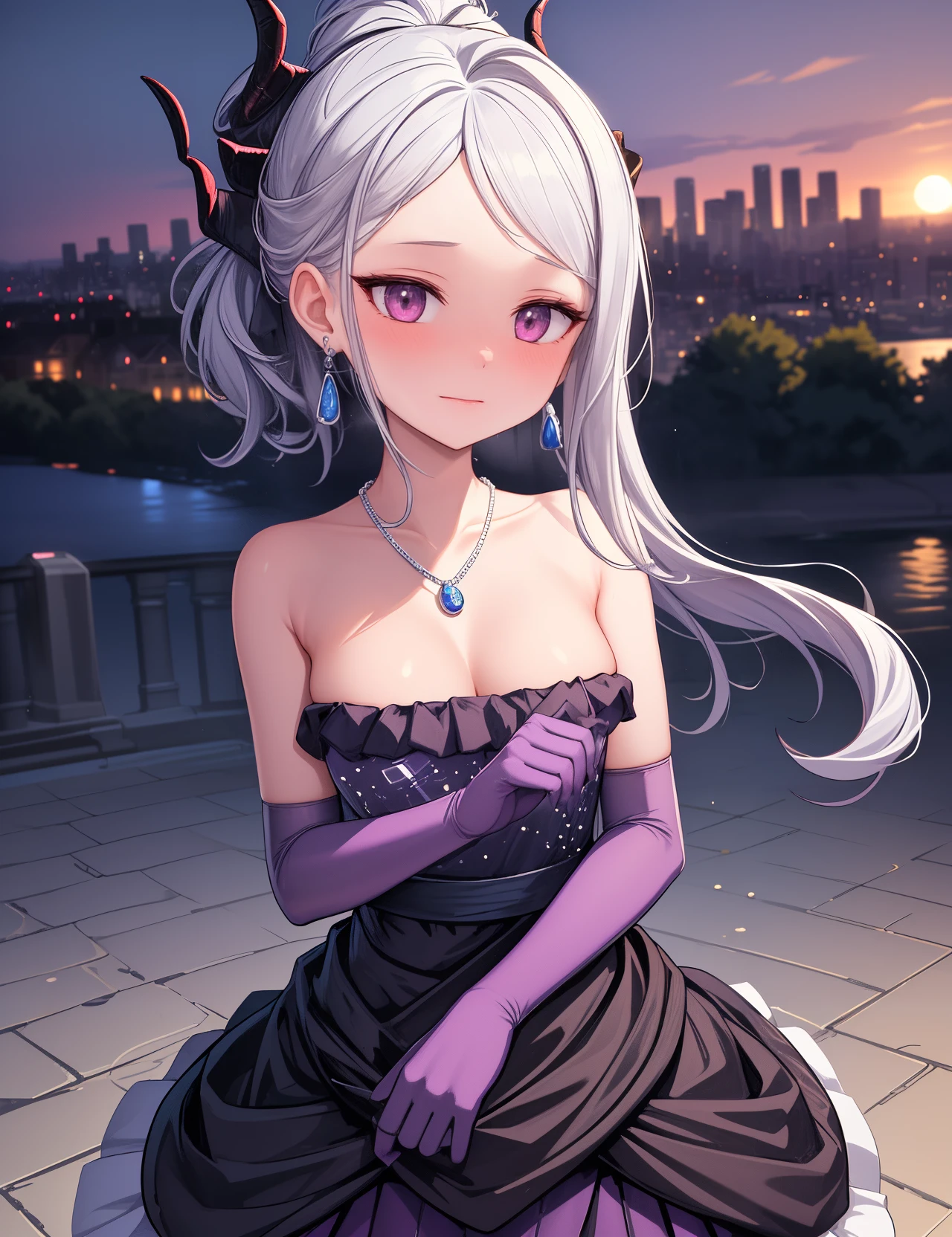 (masterpiece, sidelighting, finely detailed beautiful eyes:1.2) 1girl, solo, jewelry, horns, necklace, bare shoulders, bangs, blush, dress, earrings, gloves, sorasaki hina (dress), elbow gloves, sidelocks, breasts, <lora:sorasaki hina(dress):0.7:lbw=CHAR> small breasts, cityscape, <lora:konka:0.7:lbw=SK>