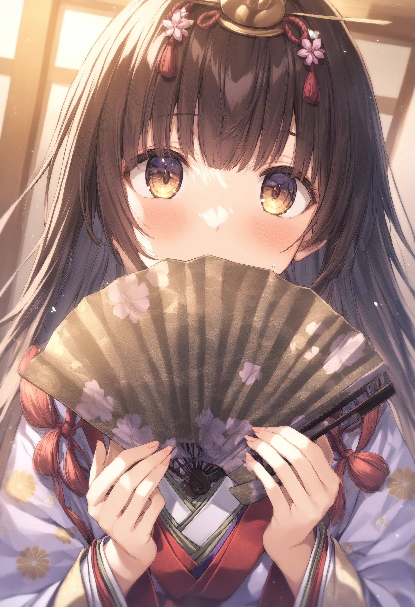 1girl, <lora:sdxl-flat:-1>,medium breasts,
<lora:ohinasamaXLv1:0.9>,ohinasama,japanese clothes,folding fan, covering mouth,
ceiling, portrait, looking up, water eye, closed mouth,
best quality,medium quality,
