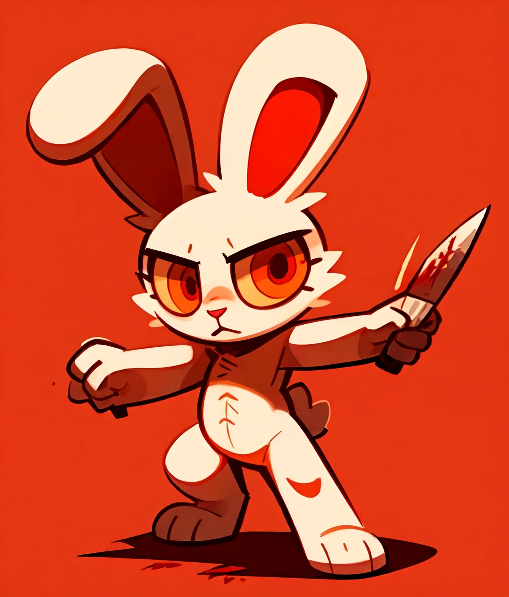 1girl,furry,nude,bunny,red pupils,orange eyes,white_fur,stitches,single handed knife,blood stain,cuteg,cartoonized,battle,solo,chibi,Bloody Bunny, feets with three toes, full body,