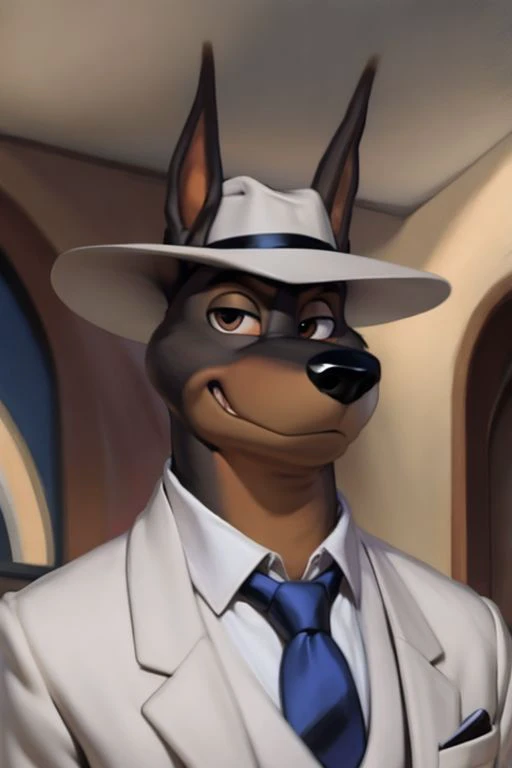 (by Meesh:1), (by darkgem:0.8), (by chunie:1), masterpiece, looking at viewer, detailed fur, (detailed pixar eyes:1.2), detailed eyes, male, anthro, <slora:add_detail:0.4>, (Martin Torque), (Doberman), (Suit), (Fedora)