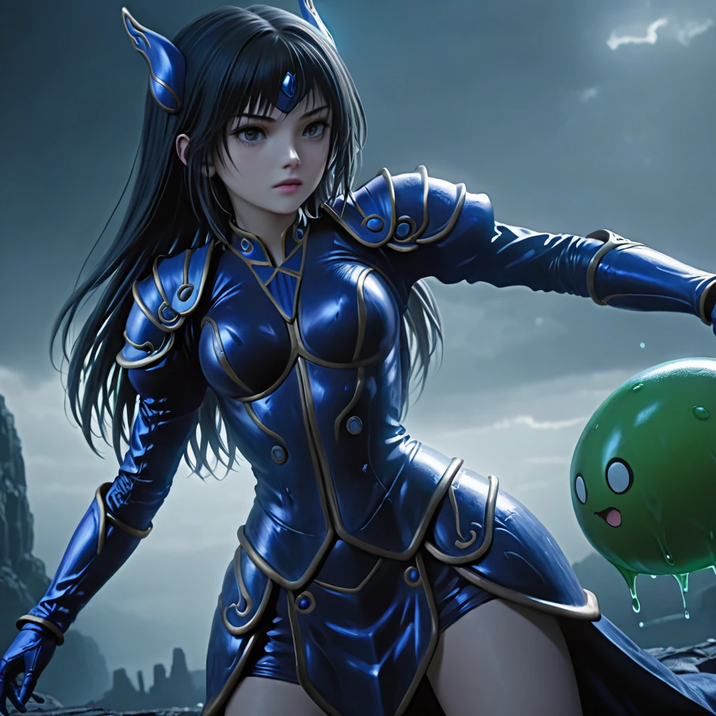 a cinematic shot of petite lodrose woman with armor and headgear, fighting slime \(creature\), ominous lighting, (masterpiece, best quality, hyper detailed, ultra detailed, super realistic, hd, uhd, 4k, 8k, 32k, 64K)<lora:SDXL - Char - LOD_Rose-11-02-32-32-25-16:.7>