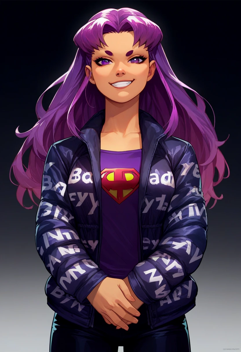 score_9, score_8_up, score_7_up, source_cartoon, solo, 1girl, blackfire, dc comics, smirk, looking at viewer, own hands together, purple hair, purple eyes, dripjacket, black pants <lora:attire_dripjacket_ponyXL:1>