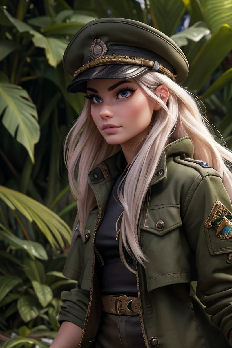 photo of S330_NellaJones,a stylish woman,in a (jungle:1.1),wearing a (military-coat:1.1),(boots),(4k, RAW photo, best quality, depth of field, ultra high res:1.1),(absurdres, intricate, photorealistic, masterpiece, ultra-detailed:1.1),