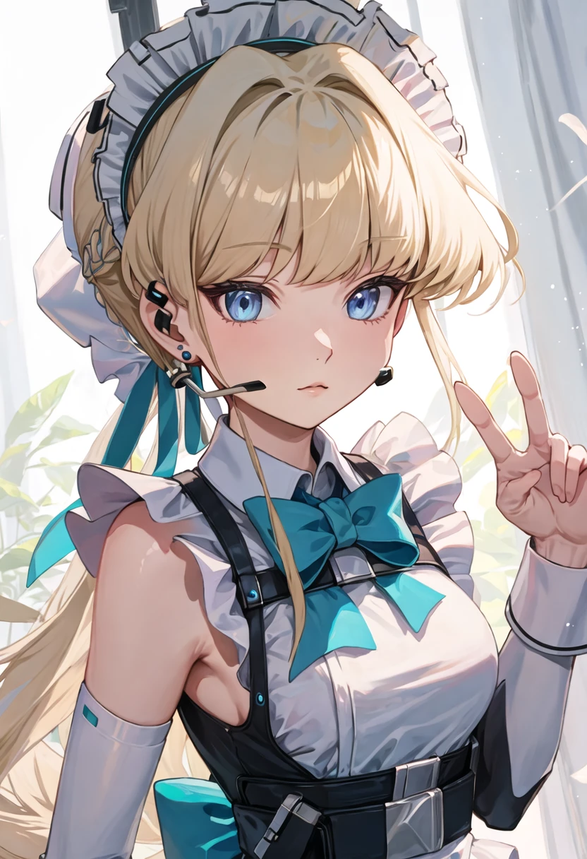 best quality, masterpiece, highres, solo, {toki_bluearchive:0.90}, 1girl, black_gloves, blue_bowtie, chest_harness, closed_mouth, earpiece, elbow_gloves, fingerless_gloves, frilled_apron, hair_bun, hair_ribbon, looking_at_viewer, maid_apron, maid_headdress, pouch, simple_background, white_apron, white_background, double_v, short_hair, blue_ribbon, cowboy_shot, french_braid, hands_up