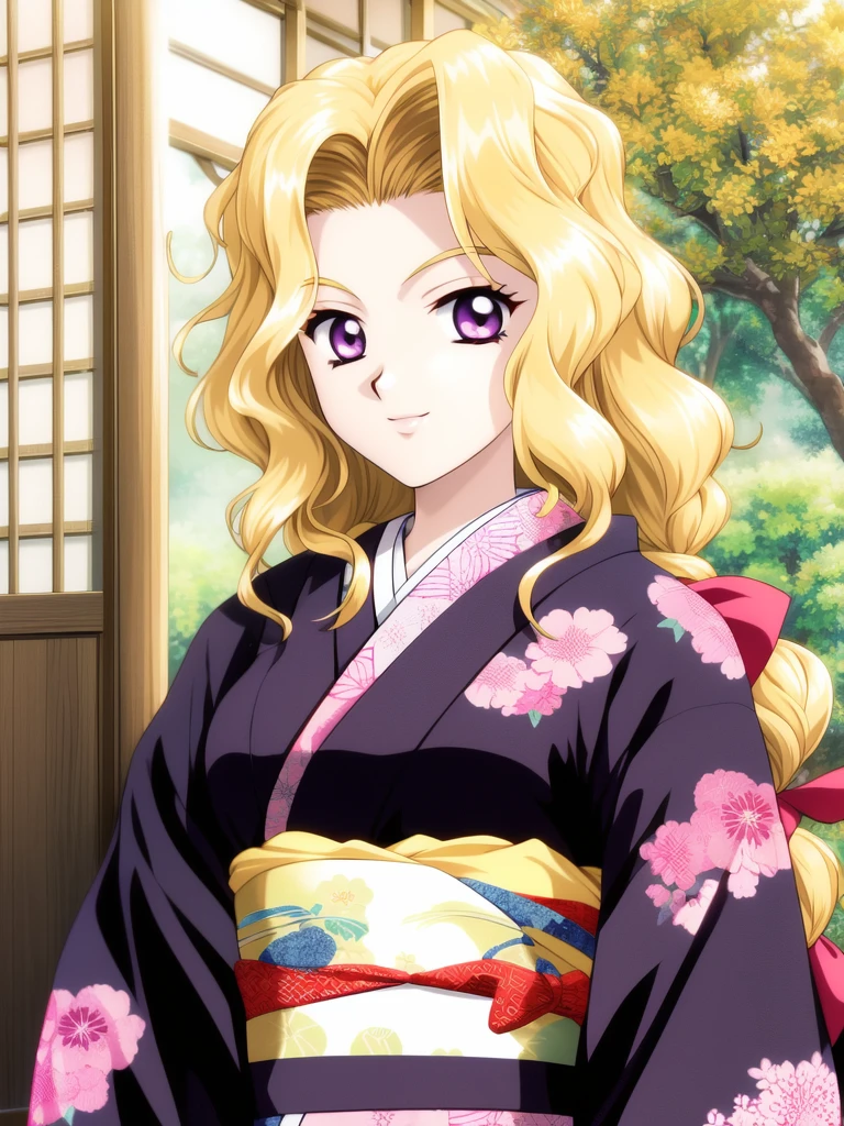 <lora:Shindou_Reiko:0.9>,ShindouReiko, 1girl, solo, japanese clothes, blonde hair, kimono, black kimono, purple eyes, long hair, ribbon, hair ribbon, sash, obi, floral print, smile, braid, game cg, Japan room, tatami,
masterpiece, high quality, very_high_resolution, large_filesize, full color, animation, anime style,