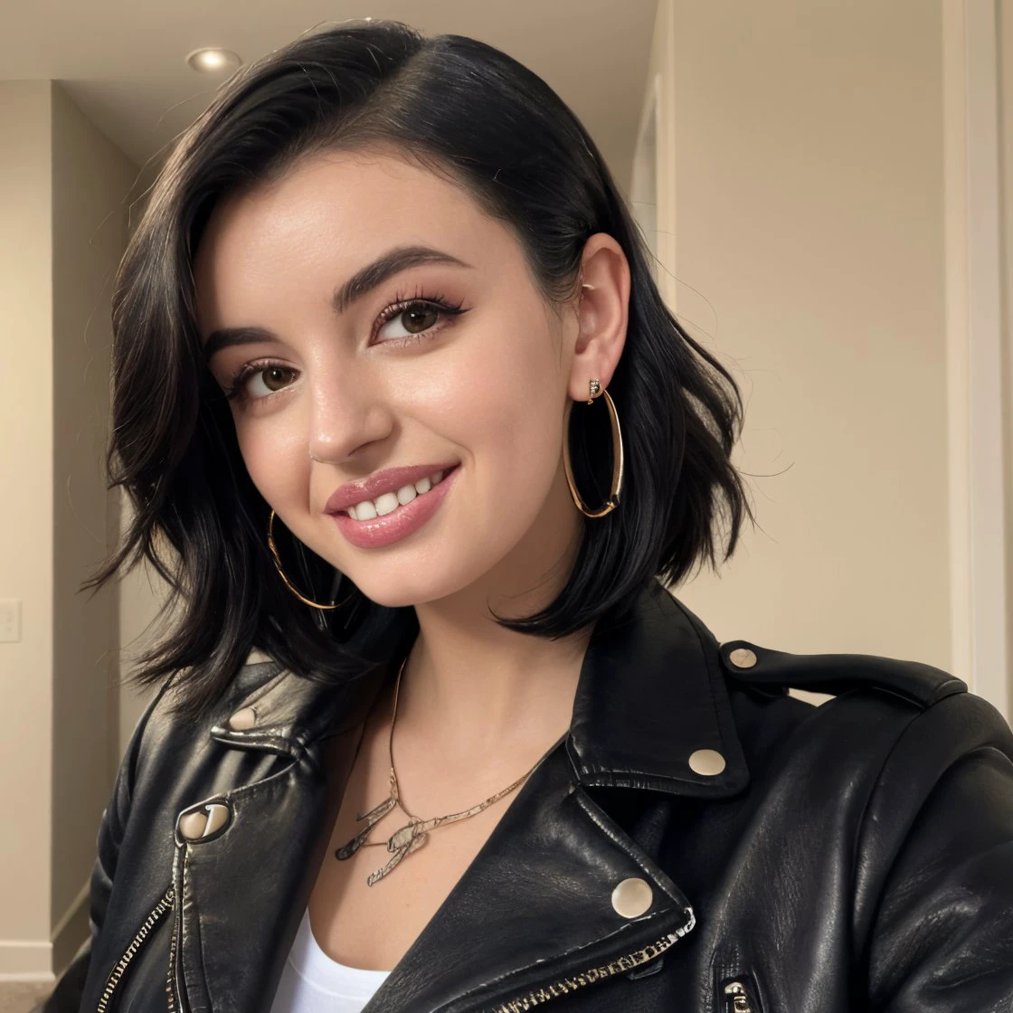 high quality photo of  <lora:RebeccaBlack:1> rebeccablack
wearing a leather jacket, pulled back hair, extreme close up, smiling
goth makeup