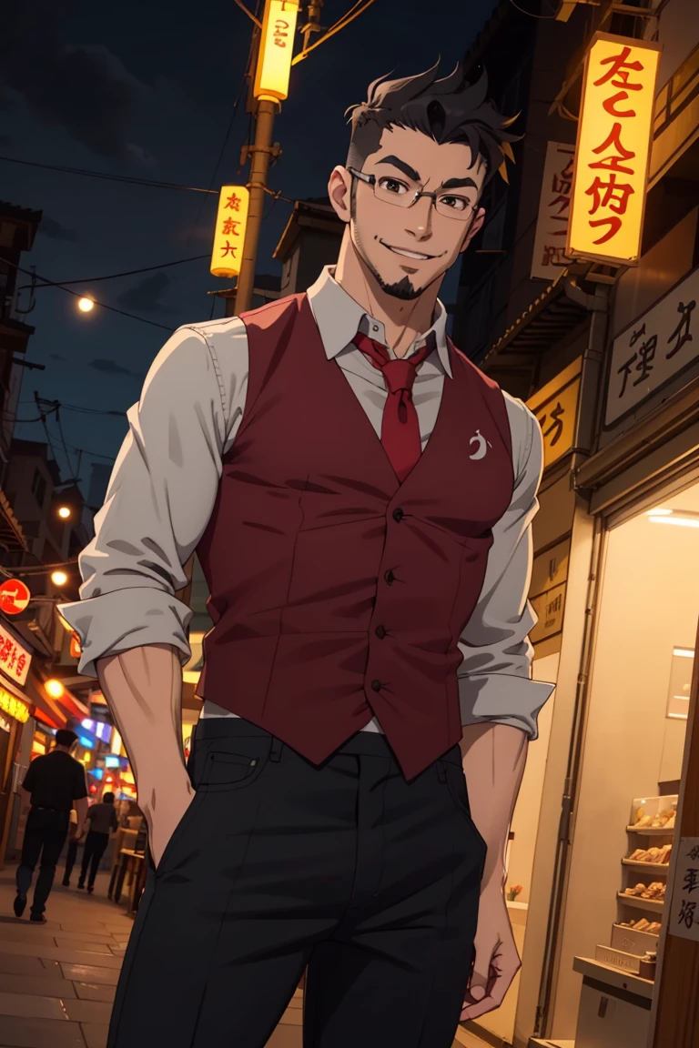 (1 image only), solo male, Jay Chiang, Great Pretender Razbliuto, Asian, Taiwanese, Taipei city, night alley, 2d, anime, flat, black hair, short hair, high fade, goatee, thick eyebrows, brown eyes, silver glasses, (red collared shirt:1.4), (silver necktie, black vest), red sleeves, sleeves rolled up, black pants, black shoes, smile, mature, handsome, charming, alluring, standing, upper body, perfect anatomy, perfect proportions, (best quality, masterpiece), (perfect eyes:1.2), perfect hands, high_resolution, dutch angle, cowboy shot,<lora:EMS-303013-EMS:0.600000>