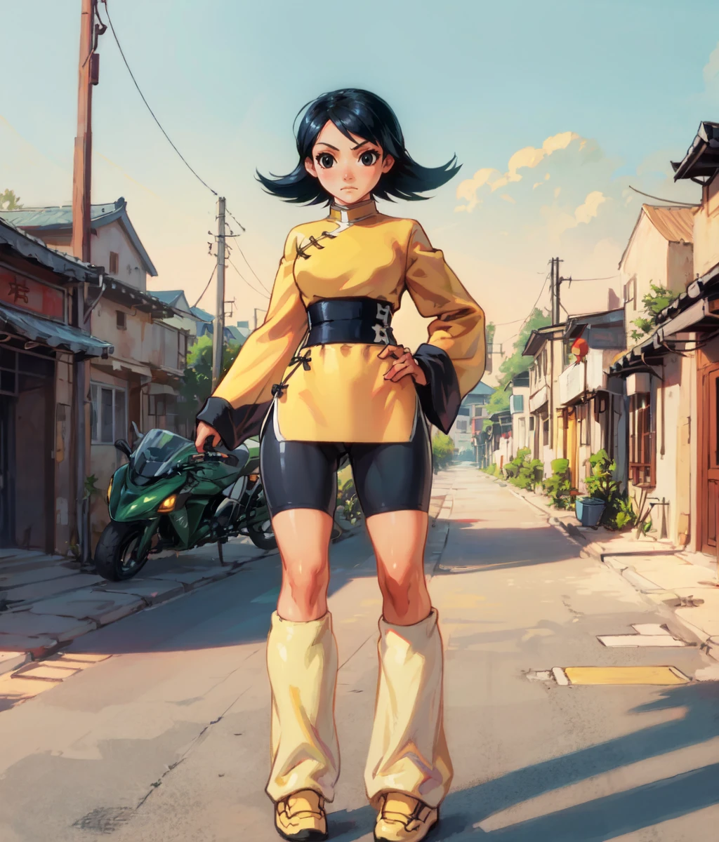 Masterpiece.  1girl, solo, black hair, black eyes, medium hair, yellow outfit, chinese clothes, long sleeves, serious, bike shorts, leg warmers, standing, full body, cowboyshot, outdoors, chinese town <lora:Lynn:1>