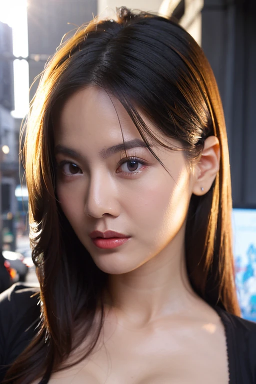 dark brown hair、light brown eyes、Japanese actress 、Lady、i look like him&;I'm about 40 years old.、(intricate details:1.2)、(highest quality:1.4)、 (ultra high resolution:1.2)、ultra high resolution、(detailed eyes)、(detailed facial features)、ticker、8K resolution、D cup size breasts、long hair、singapore terrace restaurant、view of singapore、Sit comfortably on a sofa on the terrace of a cafe with a beautiful view..、relaxing、lean against the backrest、Pale tone clothing、