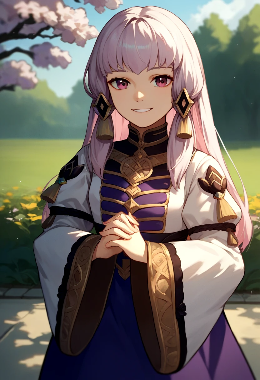 score_9, score_8_up, score_7_up, source_anime, solo, 1girl, lysitheahopes, smile, looking at viewer, own hands together, hair ornament, white dress, long sleeves, wide sleeves, purple skirt, black pantyhose, outdoors <lora:fireemblem_ordelia_ponyXL:1>