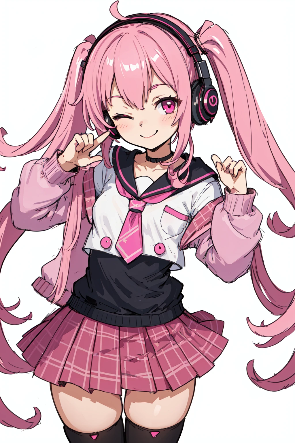 best quality, original, 1girl, headphones, long hair, looking at viewer, one eye closed, pink eyes, pink hair, sketch, skirt, smile, solo, thighhighs, twintails