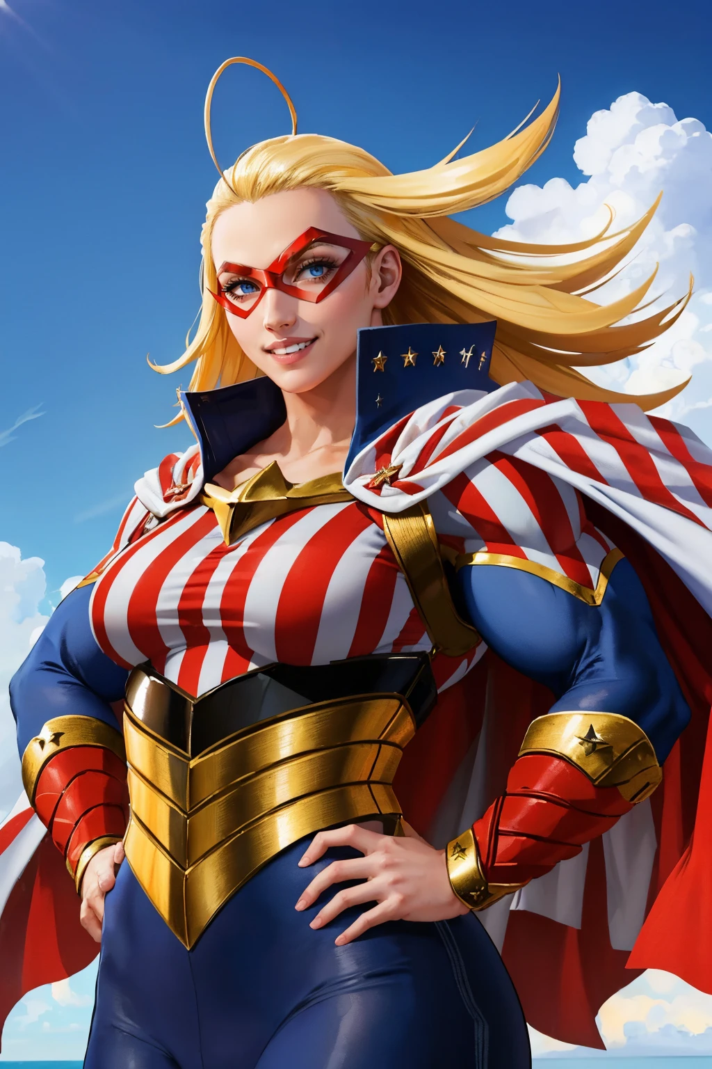 (masterpiece, best quality:1.2), solo, 1girl, starandstripe, muscular, grin, looking at viewer, hands on hips, antenna hair, domino mask, american flag print, striped bodysuit, red cape, blue sky <lora:mha_starandstripe:1>