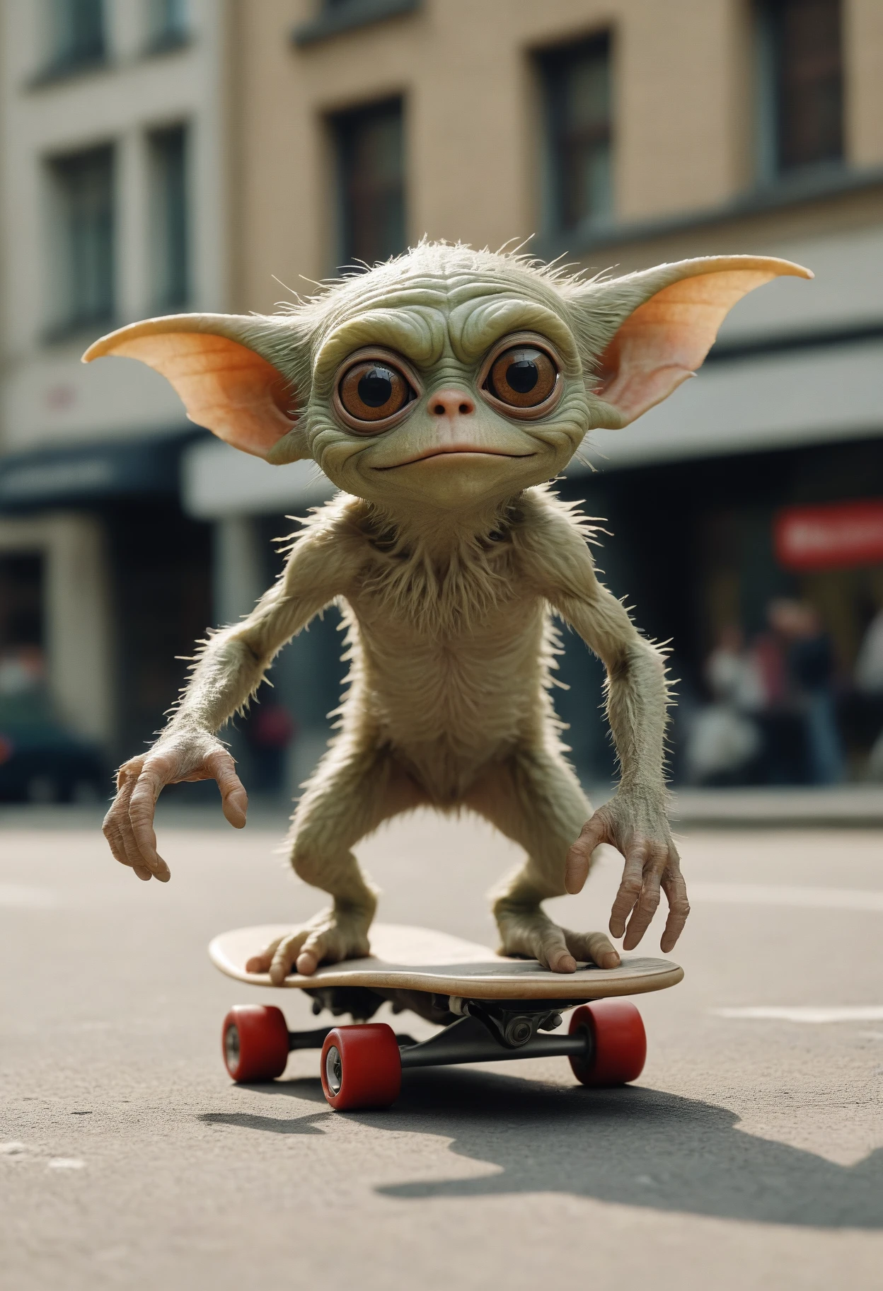Leica portrait of a gremlin skateboarding, sparse and simple, UHD image, urbancore, period snapshot