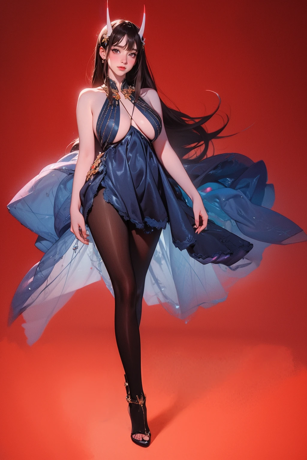 1girl,solo,medium breasts,<lora:GoodHands-beta2:1>,barefoot,(thigh gap:1.1),(full body:1.3),red background,ruanyi0275,pantyhose,dress,<lora:0275 Noshiro fan clothing_v1-000002:1>,, (masterpiece, best quality, hires, high resolution:1.2), (extremely detailed, realistic, intricate details, highres), 3d, cg, bbw, shiny skin, , blush,, eyeliner, eyeshadow, eyelashes,, (gigantic breasts, saggy breasts:1.1), (cinematic lighting, sunlight, volumetric), looking at viewer, , vintage fantasy, 1960s \(style\), film grain,
