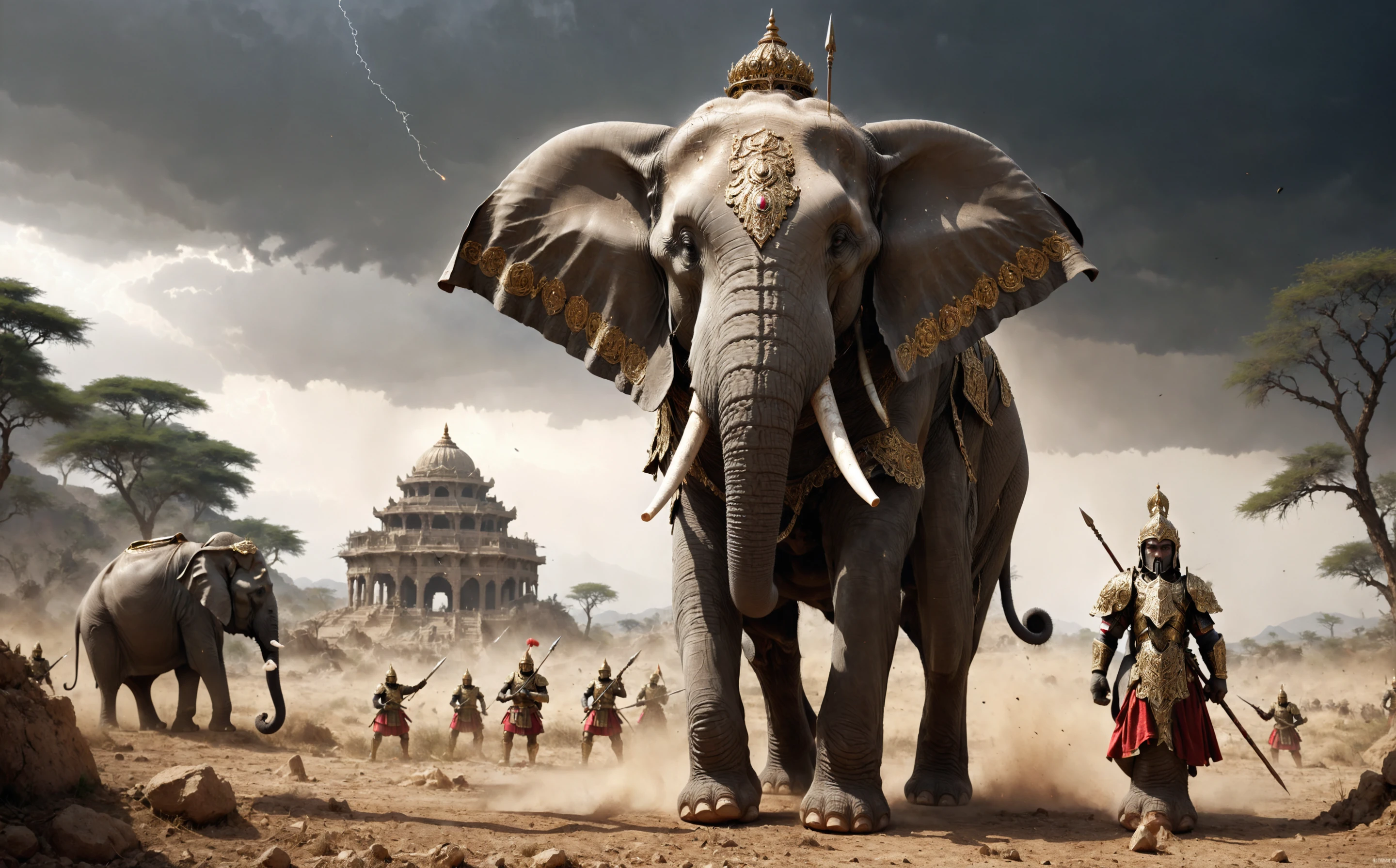 an image depicting a majestic war elephant, fully armored, in the heat of an ancient battlefield. This elephant stands tall and imposing, draped in elaborate, ornate armor that gleams under the harsh sunlight. The armor is richly detailed with intricate engravings and jewel embellishments, symbolizing both protection and regality. Atop the elephant, a warrior commands, adorned in matching ceremonial garb, holding a long, decorated spear that pierces the air with authority. Around them, the chaos of battle ensuesâdust and debris swirl in the air, with the silhouettes of soldiers clashing in the background. Despite the turmoil, the elephant remains steadfast and dignified, its eyes conveying a sense of calm determination amidst the storm of conflict. The scene is set against a backdrop of a vast, ancient landscape, hinting at the grand scale of the war. The composition captures the dynamic interplay of power, grace, and the raw intensity of ancient warfare, highlighting the war elephant as a symbol of might and majesty.