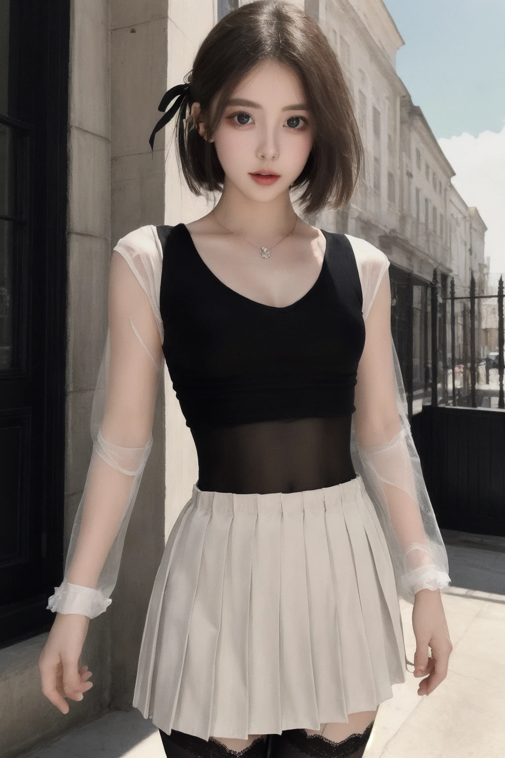masterpiece, high quality,1girl, pov, cowboy shot, waist, bodysuit, tights, outdoors, pleated skirt, skinny,lace trim, v-neck, hair ribbon, all black, small breasts, see-through,
<lora:tkszz_v1-000008:0.67>
