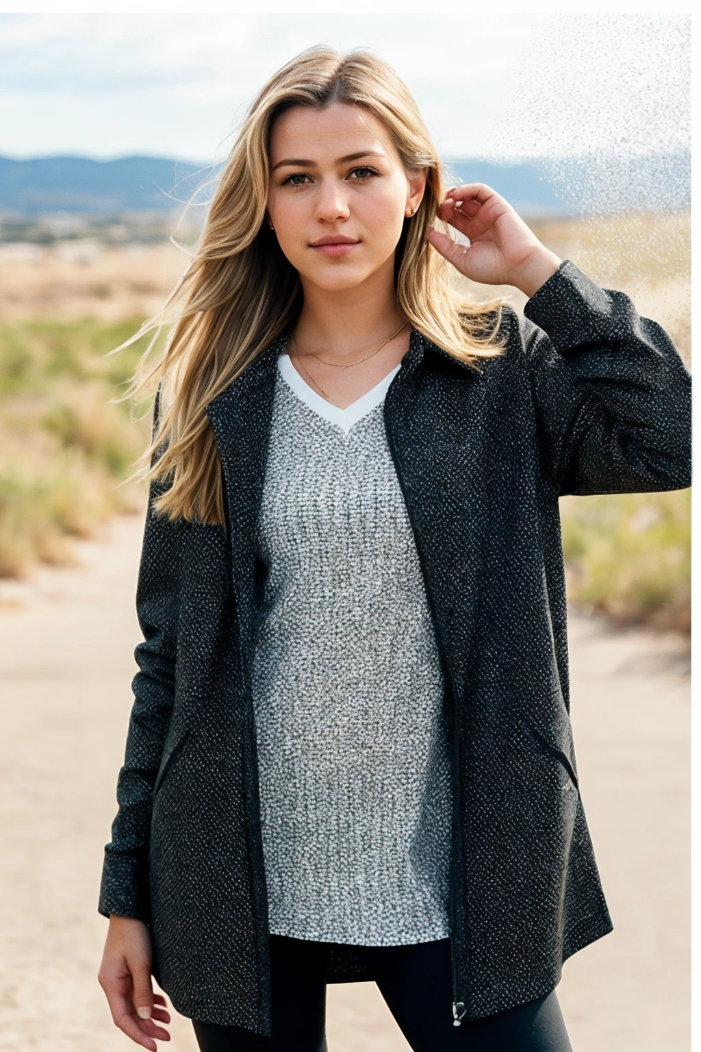 photo of gorgeous (CTI_r0bingr00t:0.99)), a beautiful woman, perfect blonde hair blowing in the wind, (modern photo), (Clay coat and long sleeve shirt), 85mm lens, f16 aperture, (analog, cinematic, film grain:1.3), (geometric halftone background:1.2), detailed eyes, dancing seductively with her hands in the air, (looking at viewer:1.1), jewelry, (cinematic shot:1.3), (natural lighting)