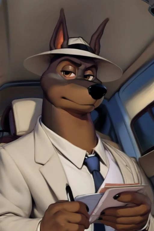 (by Meesh:1), (by darkgem:0.8), (by chunie:1), masterpiece, looking at viewer, detailed fur, (detailed pixar eyes:1.2), detailed eyes, male, anthro, <slora:add_detail:0.4>, (Martin Torque), (Doberman), (Suit), (Fedora), (Holding Notepad)