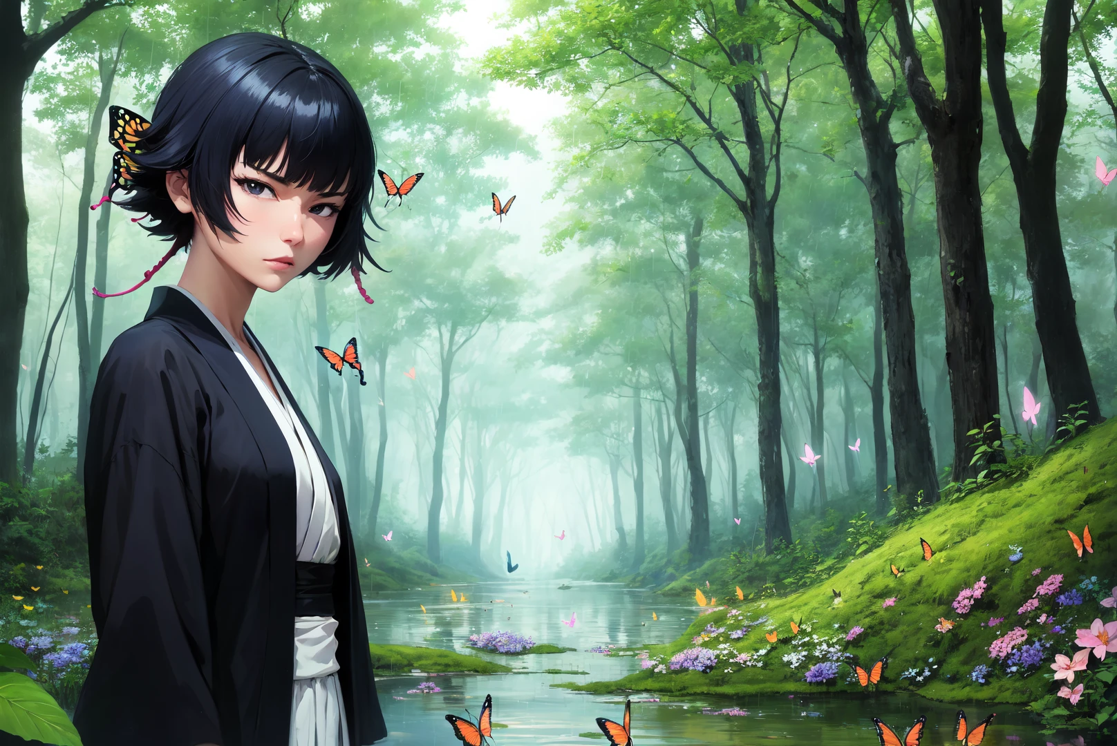 masterpiece, best quality, absurdres, 1girl, solo, 
<lora:SoiData:1>,looking at viewer,short hair,simple background,black hair,white background,upper body,japanese clothes,blunt bangs,black eyes,short hair with long locks,haori,
concept art,  tree, forest, leaf, flower, grass, (butterfly:1), holding, rainy day, (((lots of butterfly in the environment))), magical swamp environment, flowers,
<lora:GoodHands-beta2:1>