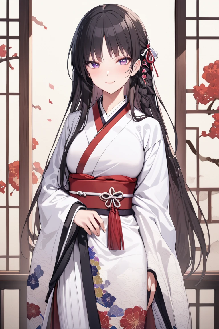 masterpiece, best quality, , cute,
1girl, solo, female, horikita suzune, red eyes, purple eyes,  long hair, black hair, hair ribbon, side braid, 
kimono, floral scroll, japanese clothes, japanese background, light smile,  ,cowboy shot, looking at viewer, colorful, vivid, best quality, absurdres, best aesthetic <lora:Horikita_Suzune_XL-000009:1>