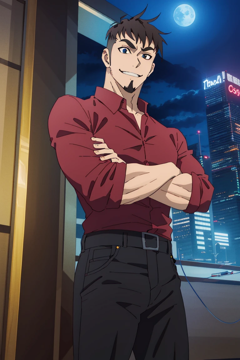 (1 image only), solo male, Jay Chiang, Great Pretender Razbliuto, Asian, Taiwanese, modern Taipei city, night cityscape, 2d, anime, flat, black hair, short hair, high fade, goatee, thick eyebrows, (brown eyes), (pure red collared shirt, red sleeves rolled up:1.2) black pants, socks, leather shoes, smile, crossed arms, mature, handsome, charming, alluring, standing, upper body, perfect anatomy, perfect proportions, (best quality, masterpiece), (perfect eyes:1.2), perfect hands, high_resolution, dutch angle, cowboy shot,<lora:EMS-303013-EMS:0.900000>