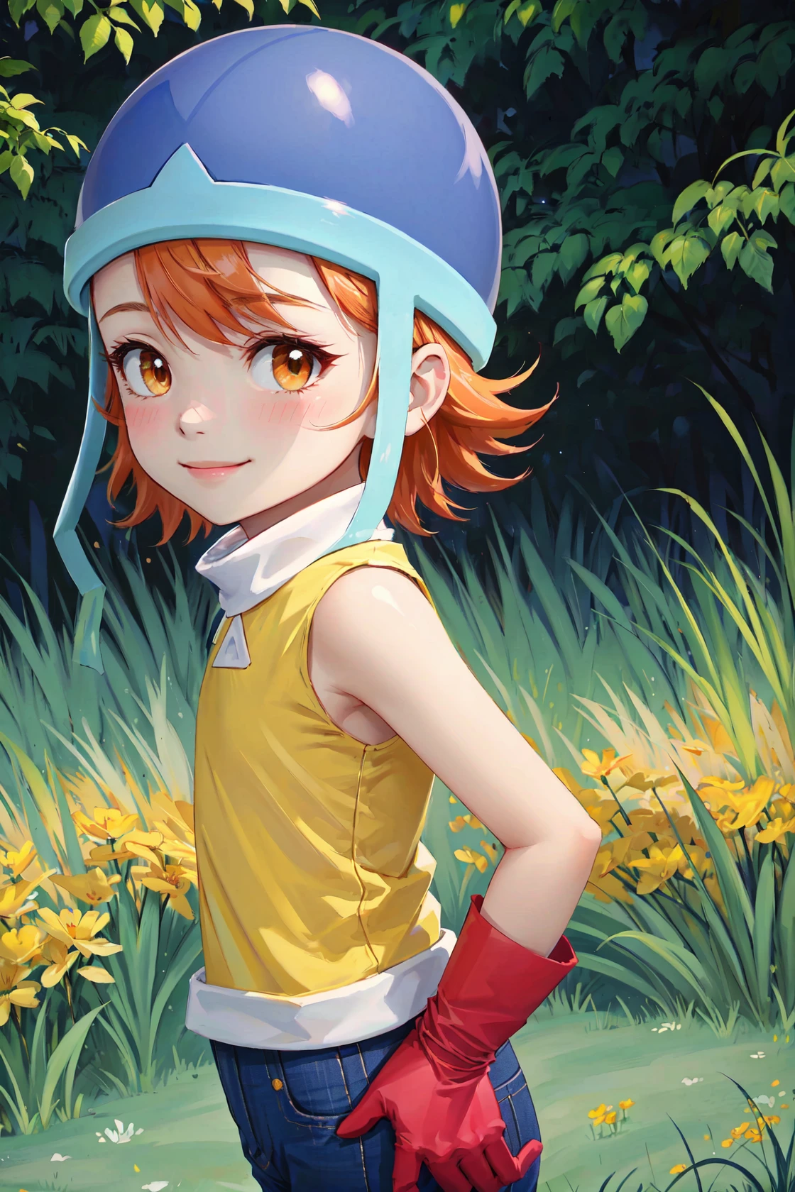 cowboy shot, solo, smile, outdoors, <lora:Sora:1> SoraDef, orange eyes, short hair, orange hair, helmet, yellow shirt, shirt, sleeveless, pants, jeans, red gloves, <lora:alkemanubis_style_v1_weight13:1>, absurdres, ultra detailed, masterpiece, best quality, aesthetic, detailed,