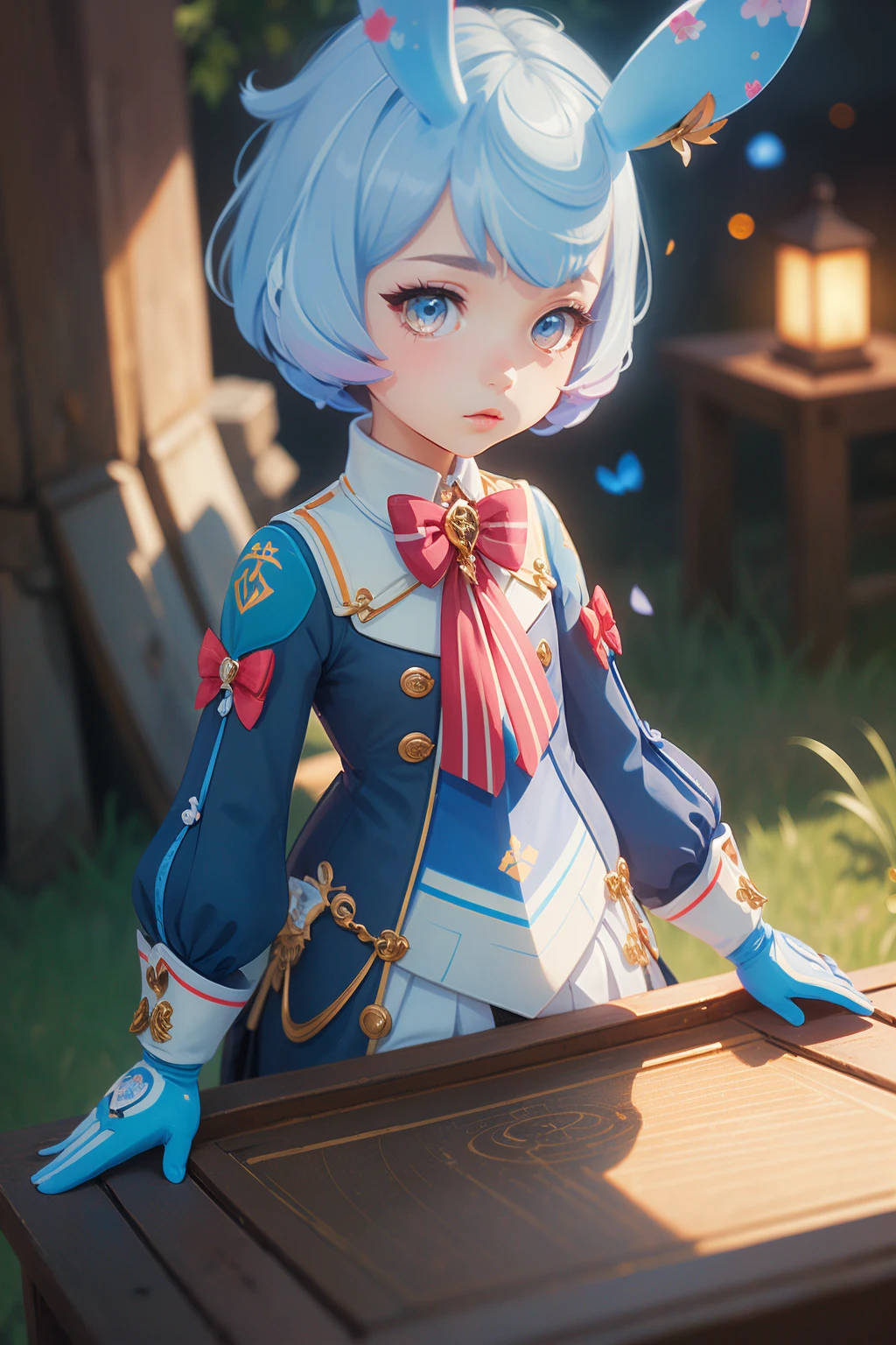 (2d:1.2), wide shot, (dynamic angle:1.1), outline, ((thick lineart)), cover, stylish, official art, (details:1.2), (fantasy), garden, (bloom:1.1), glow:0.2, shadow, nature, cherry blossoms, particles, (depth of field), sharp focus, (volumetric lighting), (bokeh:0.6), film grain:0.4, day, (soft lighting:1.1), mlzs, long sleeves, animal ears, short hair, bangs, blue hair, gloves, white gloves bow, red bow, (blue) shirt, (blue) jacket, looking at viewer <lora:Melusine_GI_10_01:0.8>