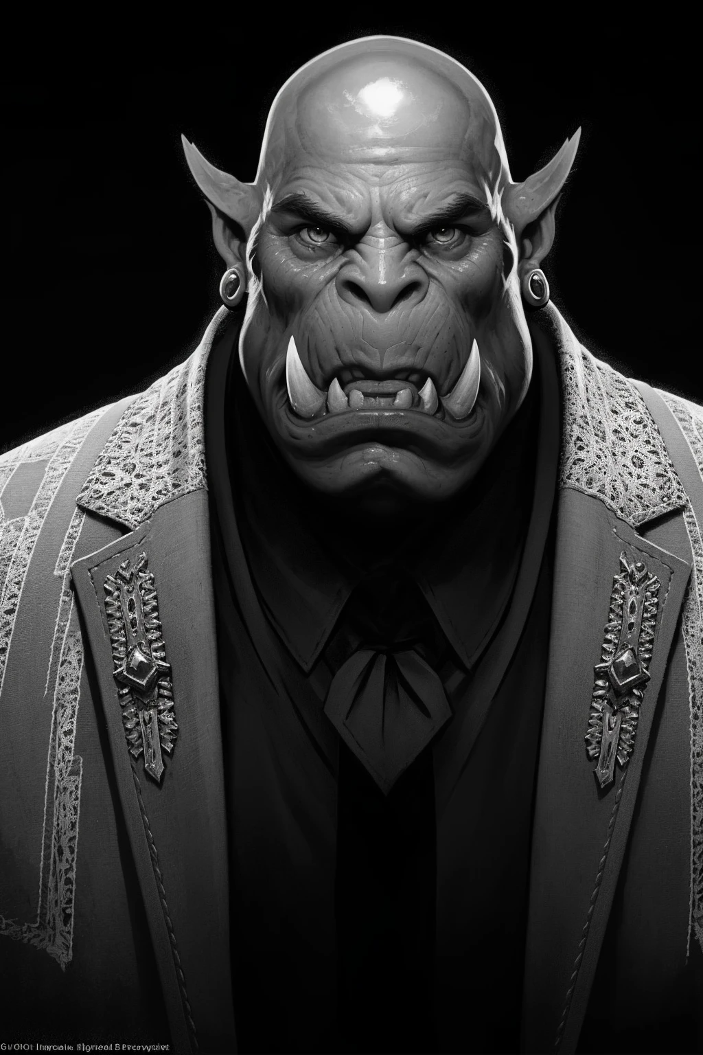 Portrait of an orc warrior wearing suit and tie, Blizzard Entertainment, detailed skin, skin blemishes, Warcraft, lighting should be warm and inviting, casting a soft glow and highlighting the rich colors of his flesh, background cinematic Hollywood movie style, light depth of field, vignette, highly detailed, high budget, bokeh, widescreen, moody, epic, gorgeous, film grain, grainy, Wang Wei,