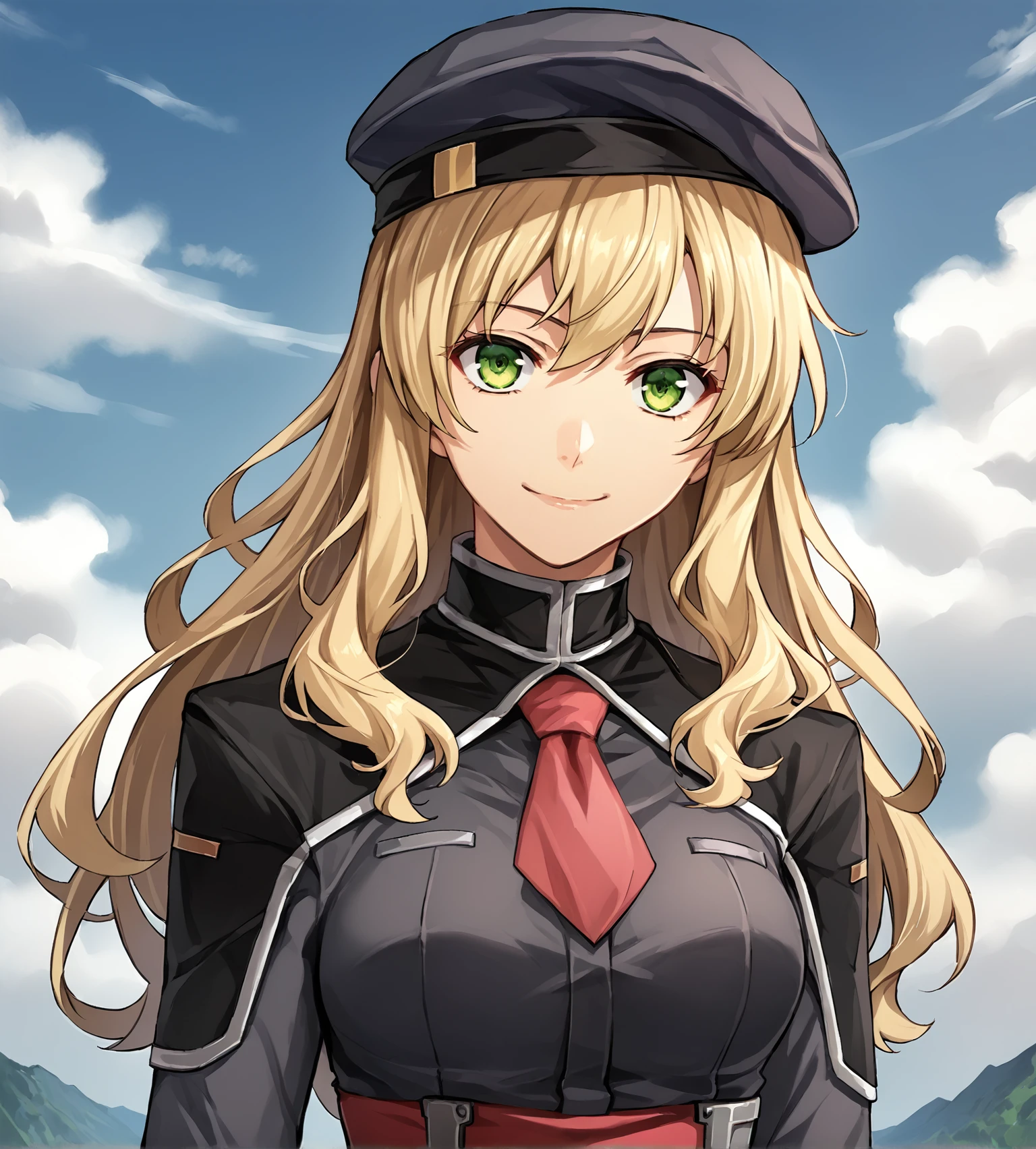 score_9, score_8_up, score_7_up, score_6_up, score_5_up, score_4_up, BREAK,
source_anime, rating_safe
<lora:TrailsFromZeroToAzure:0.9>, Mireille, blond hair, long hair, green eyes, medium breasts, military uniform, black beret, grey shirt, black skirt, grey leggings, boots, red sash, red necktie
looking at viewer, smile, upper body, portrait,
1girl, outdoors, sky, clouds, distant mountains,