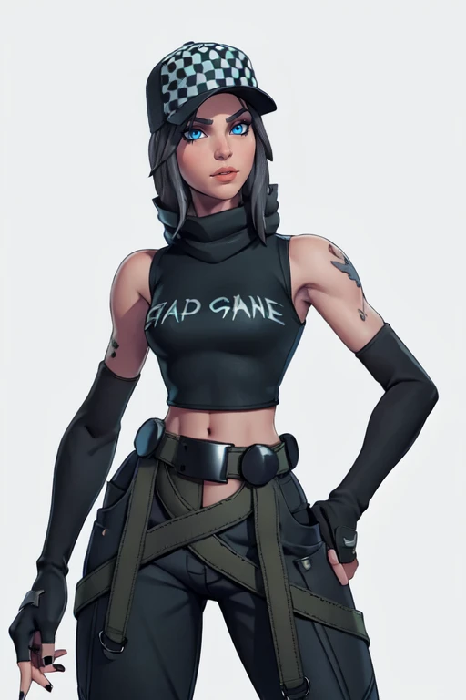 masterpiece,best quality,face detail,extreme detail,8k,white background,<lora:veronika:0.7>,veronikafn,1girl,solo,looking at viewer,blue eyes,simple background,gloves,hat,navel,bare shoulders,sleeveless,elbow gloves,midriff,belt,pants,fingerless gloves,nail polish,crop top,black headwear,tattoo,black nails,baseball cap,green pants,cowboy_shot,wide hips,