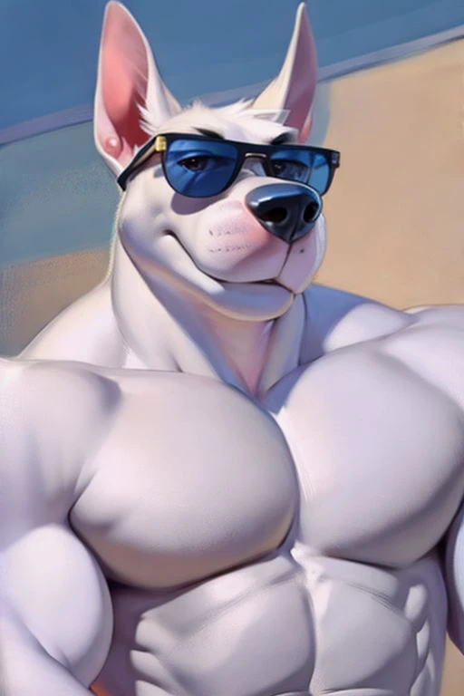 (by Meesh:1), (by darkgem:0.8), (by chunie:1), masterpiece, looking at viewer, detailed fur, (detailed pixar eyes:1.2), detailed eyes, male, anthro, <slora:add_detail:0.4>, (Arnold the Pitbull), (Tiny Toons), (Muscular), (Sunglasses),