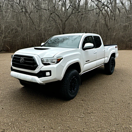 <lora:loha_tacoma:1>Toyota, Toyota Tacoma, Tacoma, T4c0m4, motor vehicle, ground vehicle, vehicle focus, no humans, tree, outdoors, road, truck, silver