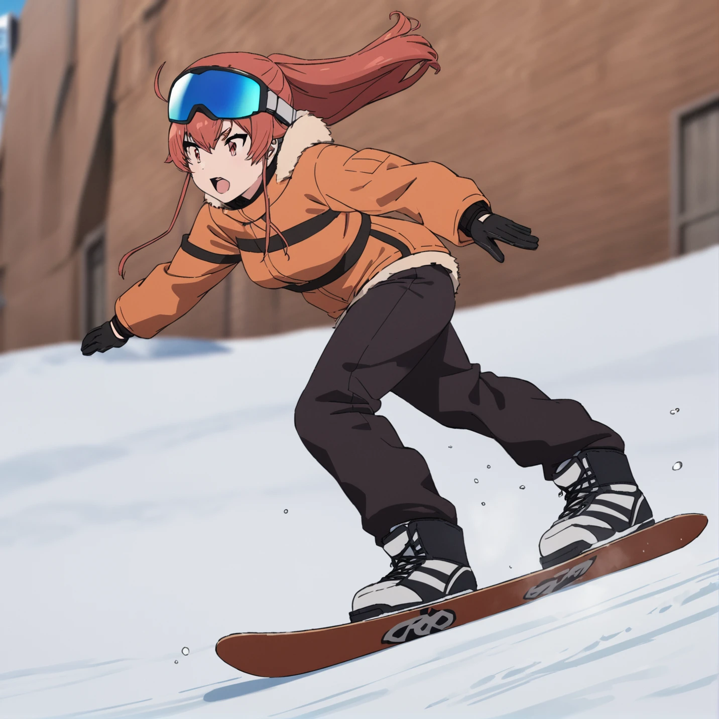<lora:eris_greyrat:1>, (best quality:1.5), high resolution, (eris greyrat), snowboarding