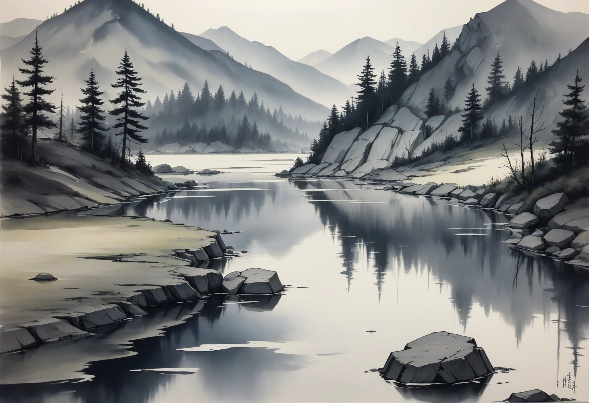 a calm ink and wash painting of a pond in the mountains<lora:EnvyInkAndWashXL01:1>