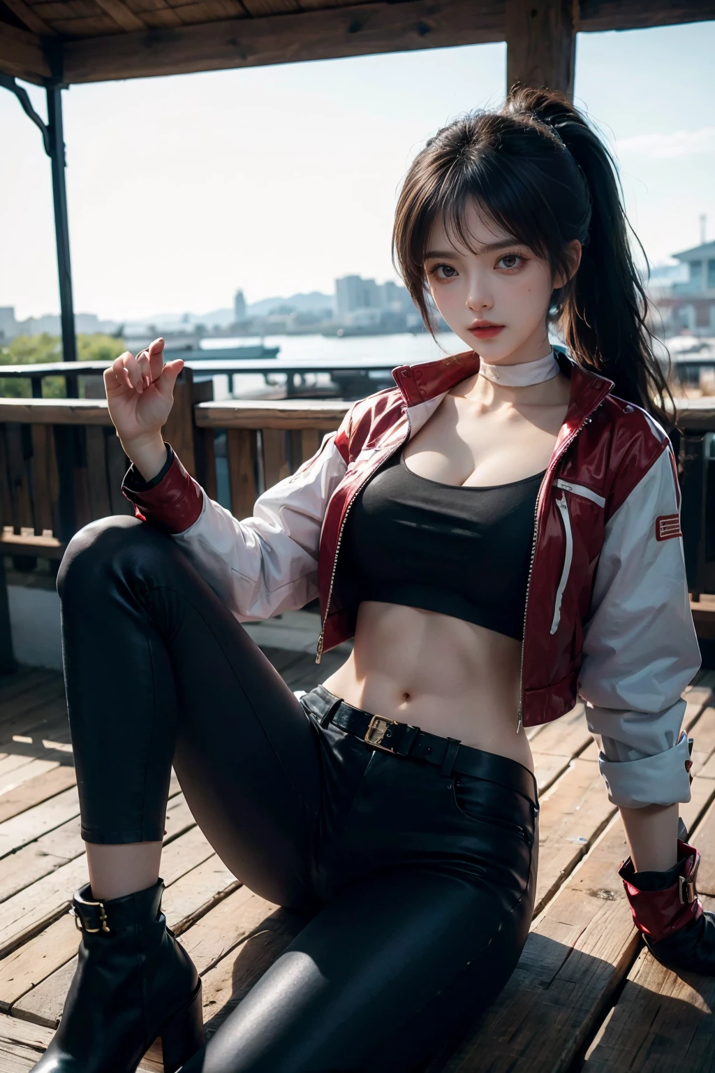 baiyuekui,solo,outdoors,city,street,
((white choker,white sleeves)),ponytail,fingerless gloves,(black crop top),pants,black pants,belt,red jacket,short jacket,
long legs,slim legs,large breasts,wasp waist,narrow waist,wide hips,pose,
(realistic,photorealistic:1.4)(masterpiece,best quality,ultra detailed,highres,absurdres:1.2),
<lora:neg4all_bdsqlsz_V3.5:1>,<lora:ybaiyuekui_SD15_V5:0.6>,