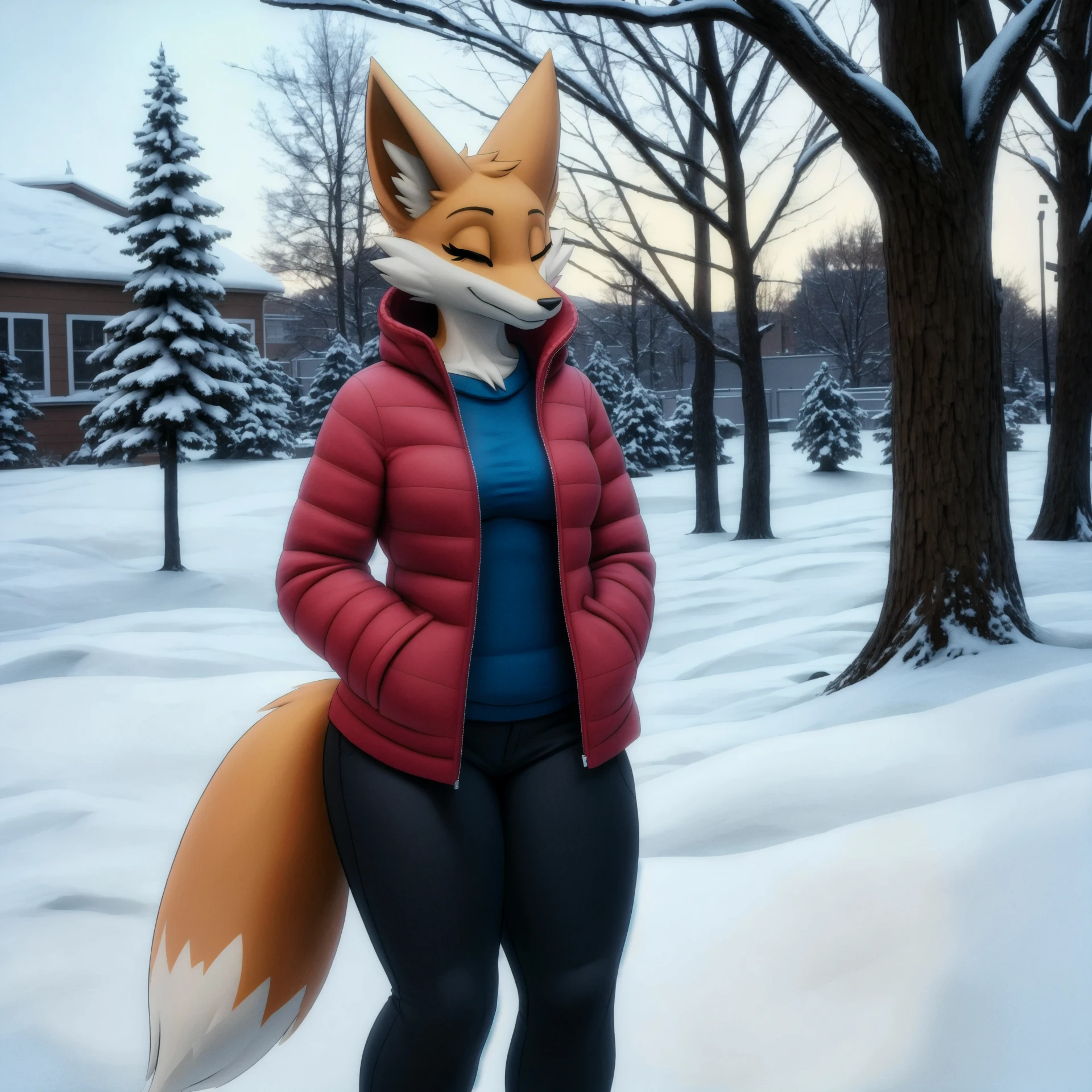 (high quality, high res, 4k:1.3)
<lora:TrishaFox:0.7> trishafox, furry, female, solo, standing, full body, closed eyes, snow jacket, pants, looking at viewer, winter, backyard