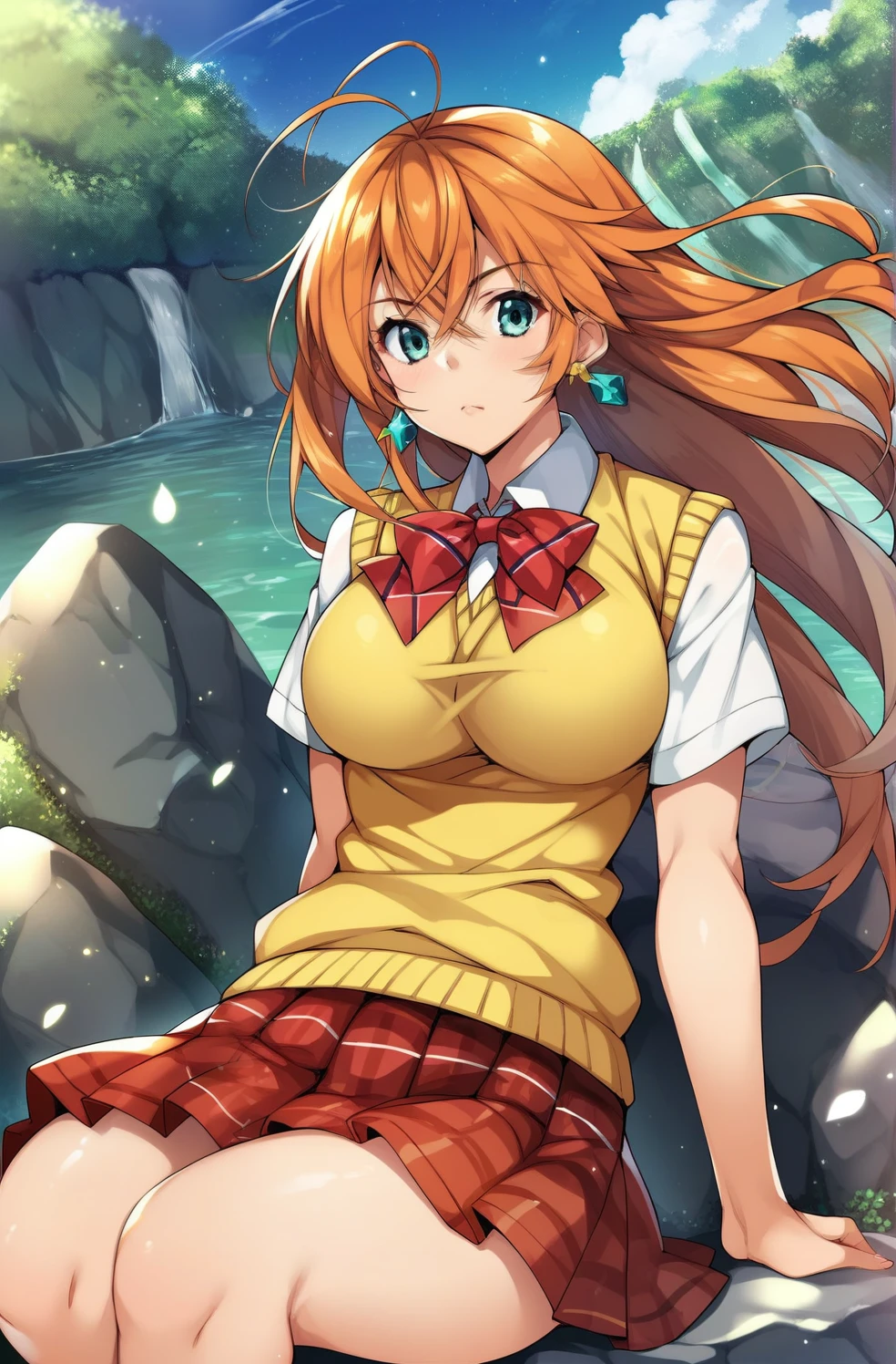 <lora:Chiharu_Shinonome-03:1> 1 girl, Chiharu Shinonome, long red hair, ahoge, brown eyes, huge breasts, wet t shirt, see through, nipples showing through shirt, wet hair, wet skin