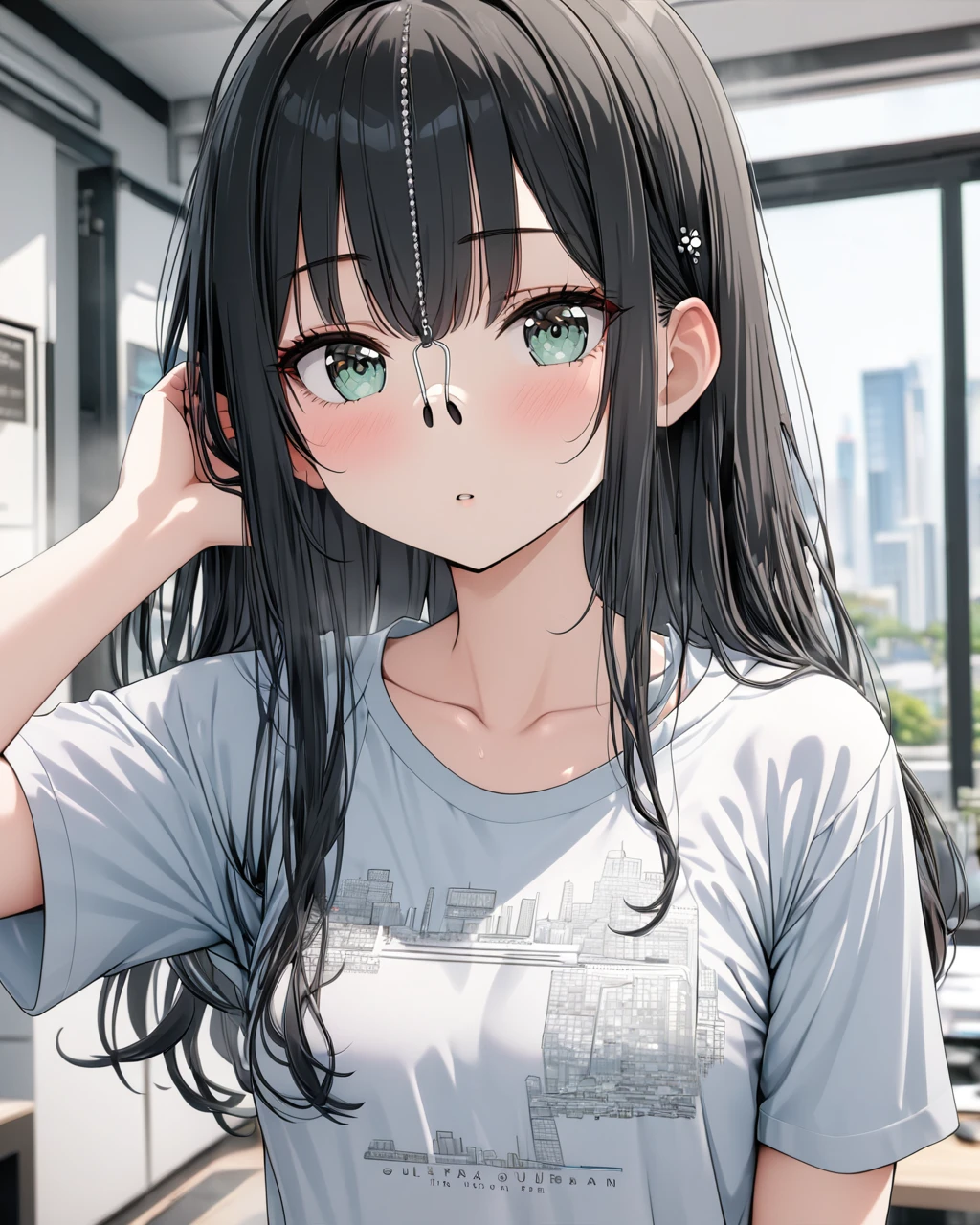 18 year old American girl, Video Gamer, Wearing a semi-transparent short T-shirt, Black Hair, ((blush: 0.8)), Natural skin texture, 4k Texture, Very detailed, Insane Details, pale colour , ((Long Wavy Hair)), ((smile: 0.4)), (No pants: 0.2), ((Look straight into the camera)), ((Tilt your head: 0.8 )), ((Small breasts:1)).