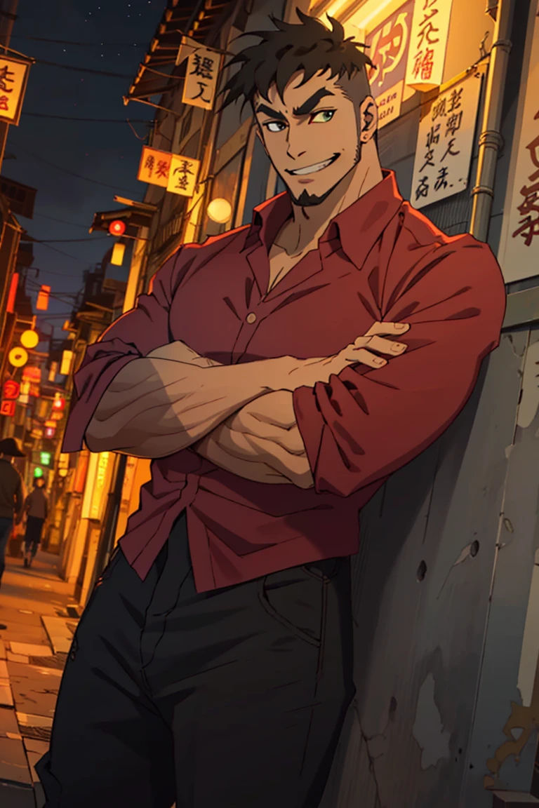 (1 image only), solo male, Jay Chiang, Great Pretender Razbliuto, Asian, Taiwanese, modern Taipei city, night cityscape, 2d, anime, flat, black hair, short hair, high fade, goatee, thick eyebrows, (brown eyes), (pure red collared shirt, red sleeves rolled up:1.2) black pants, socks, leather shoes, smile, crossed arms, mature, handsome, charming, alluring, standing, upper body, perfect anatomy, perfect proportions, (best quality, masterpiece), (perfect eyes:1.2), perfect hands, high_resolution, dutch angle, cowboy shot,<lora:EMS-303013-EMS:0.900000>