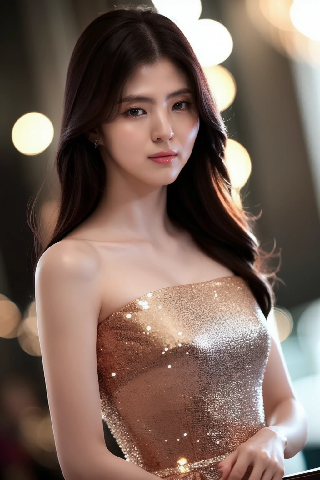 (realistic), (hyperrealism),best quality, masterpiece,ultra high res, (photorealistic:1.4),1girl, bokeh background, formal dress, long hair,
upper body,<lora:makina69_hansohee_v2.4:1>