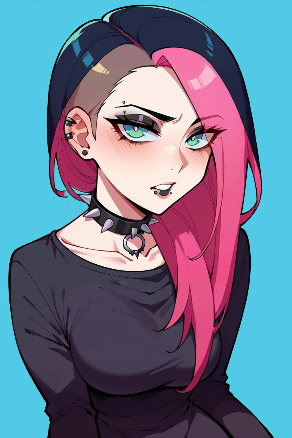 absurdres,high quality,score_9, score_8_up, score_7_up, score_6_up, score_5_up, score_4_up, BREAK source_anime,bottomless,1girl,solo,rating_explicit,looking at viewer,blushing
with a edgScene hairstyle,multicolored hair, two-tone hair, piercing,goth makeup,spikes,choker,
<lora:edgScenePony:1>