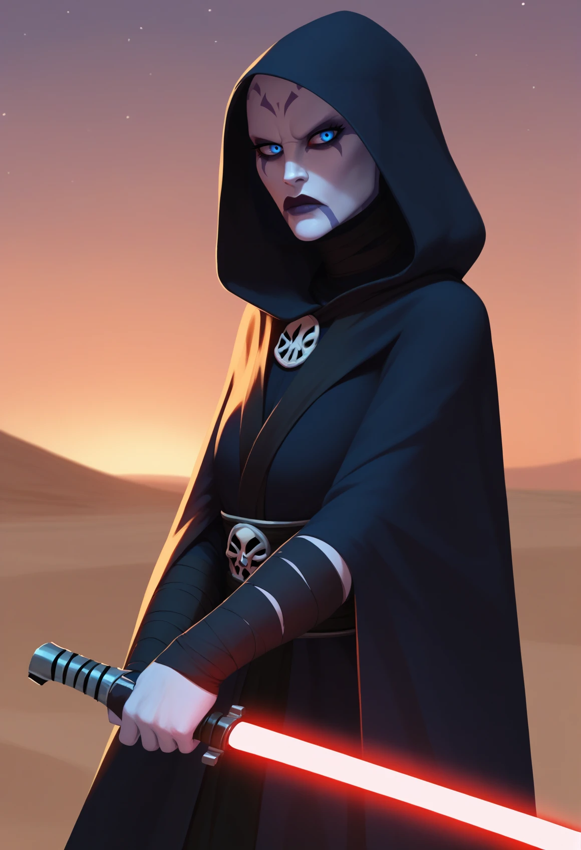 score_9, score_8_up, score_7_up, 1girl, solo, Asajj, blue eyes, grey skin, bald, facial mark, <lora:AsajjVentressPDXL_V1-Manityro-adamw:1.0>, outdoors, desert, dark, night, looking at viewer, serious, sith robes, black robes, hood, holding lightsaber, energy sword