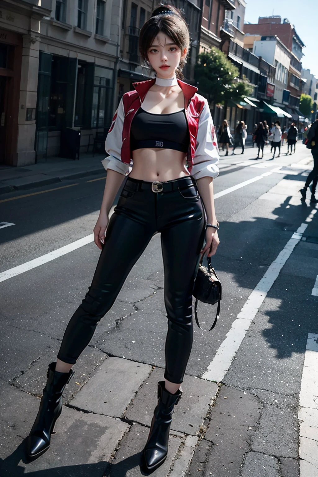 baiyuekui,solo,outdoors,city,street,
((white choker,white sleeves)),ponytail,boots,fingerless gloves,(black crop top),pants,black pants,belt,red jacket,short jacket,
long legs,slim legs,large breasts,wasp waist,narrow waist,wide hips,pose,full body,
(realistic,photorealistic:1.4)(masterpiece,best quality,ultra detailed,highres,absurdres:1.2),
<lora:neg4all_bdsqlsz_V3.5:1>,<lora:ybaiyuekui_SD15_V5:0.6>,