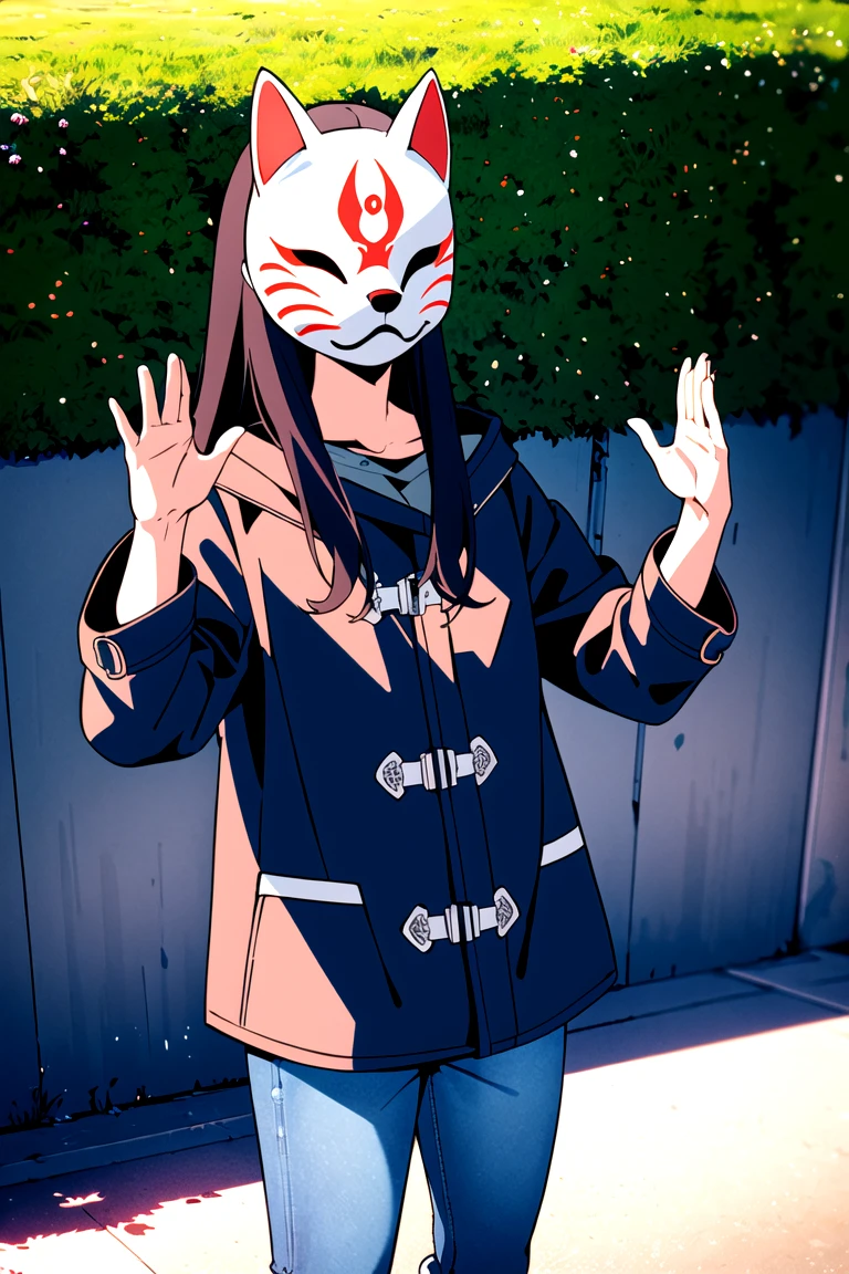 1girl, long hair, black hair, standing, kitsune-mask, covered face, outdoors, jeans, duffel coat, boots, (hands up:1.5), <lora:KitsuneMask_Prodigy_v2:0.7>