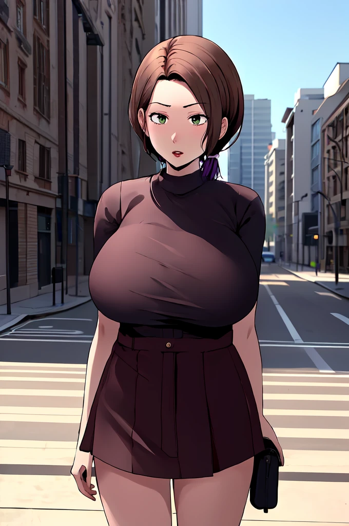 highres, high quality:1.2, digital art, Kyouka, (((walking in the street))), (((huge breasts))), (((happy))), soft, (((fully clothed))), elegant, rounded breasts, beautiful face, (((feminine))), buildings, trees, conservative clothes, milf, dress, long sleeves, low-cut top, long skirt, solo focus, leggings, tall, detailed face, mature face, mature woman, brown eyes, brown hair, ponytail, sidelocks, lipstick, makeup, pouty lips, pink hair ribbon, street (/place)