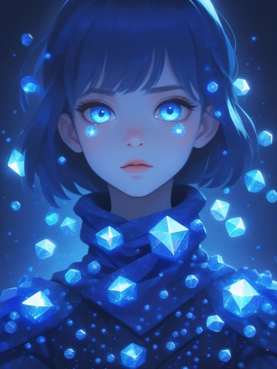 An illustration of a young girl completely wrapped in dark blue crystals, upper_body, ((glowing eyes)),  <lora:niniv2:0.7>
