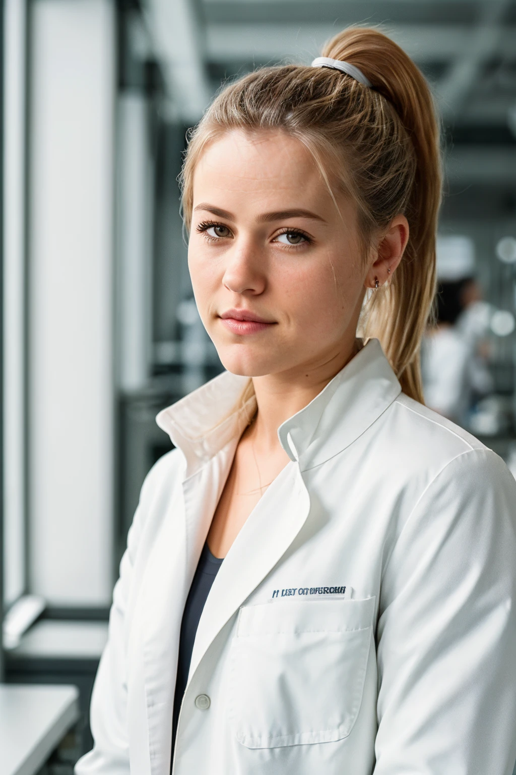 photo of CTI_r0bingr00t,a stylish woman,in a (laboratory:1.1),wearing a (white-coat:1.1),(ponytail),shallow depth of field, vignette, highly detailed, high budget Hollywood film, bokeh, cinemascope, epic, gorgeous, film grain